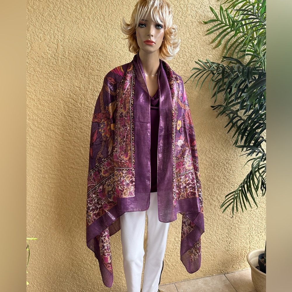Large purple print shimmering scarf wrap